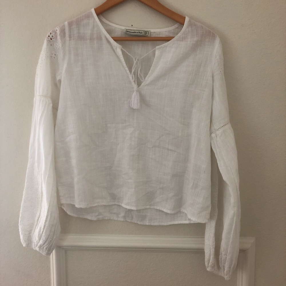 abercrombie white embroidered tie up blouse